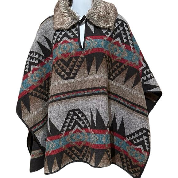 Forever 21 Womens Aztec Weave Blanket Style Poncho w/ Removable Faux Fur Collar - Picture 1 of 4